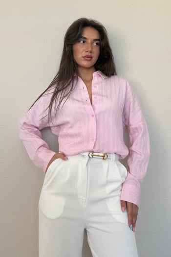 Pembe Uzun Kollu Çizgili Oversize Gömlek MG2080