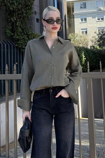 Haki Muslin Kumaş Basic Kadın Gömlek MG1660