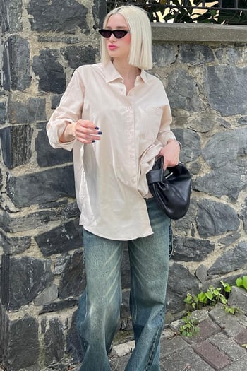 Bej Oversize Basic Cepli Poplin Gömlek MG1530
