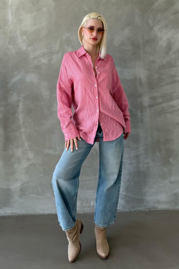 Pembe Çizgili Oversize Kadın Gömlek Mg2327