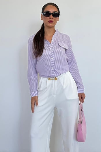 Mor Çizgili Gofre Kumaş Kadın Oversize Gömlek MG1666