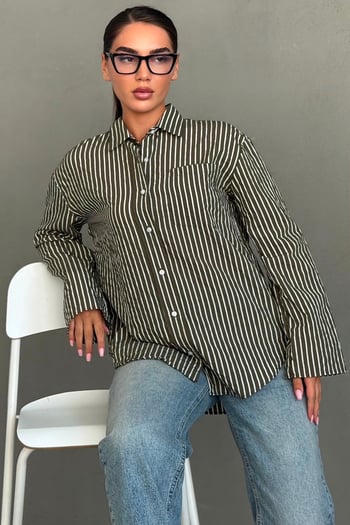 Haki Çizgili Sendy Kumaş Kadın Gömlek MG2834