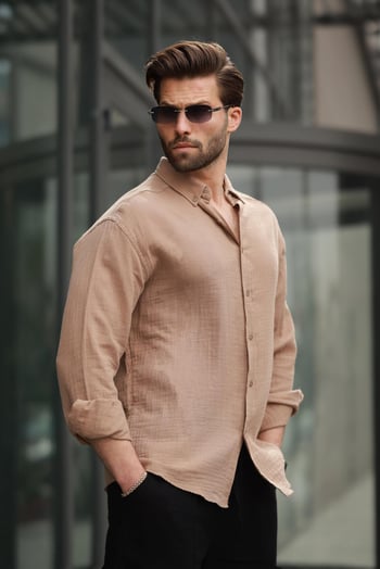 Camel Basic %100 Pamuklu Uzun Kollu Erkek Gömlek E6761