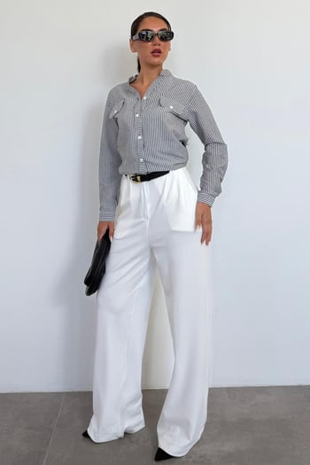 Siyah Çizgili Gofre Kumaş Oversize Gömlek MG1666