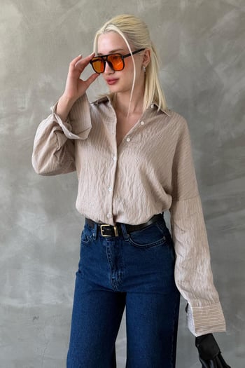 Bej Çizgili Oversize Kadın Gömlek Mg2327