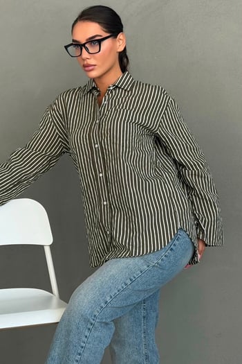 Haki Çizgili Sendy Kumaş Kadın Gömlek MG2834