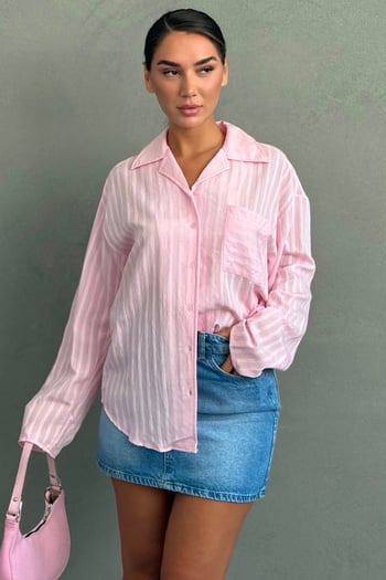 Pembe Çizgi Desenli Rahat Kesim Kadın Gömlek MG2741