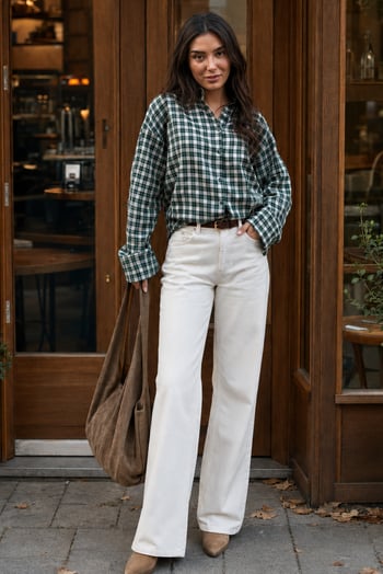 Yeşil Oversize Kareli Kadın Gömlek MG2822