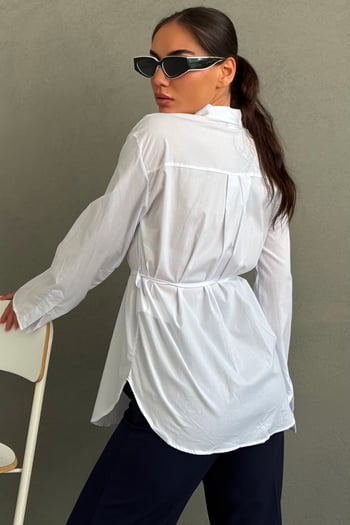 Beyaz Belden Bağlamalı Oversize Cepli Gömlek MG2798