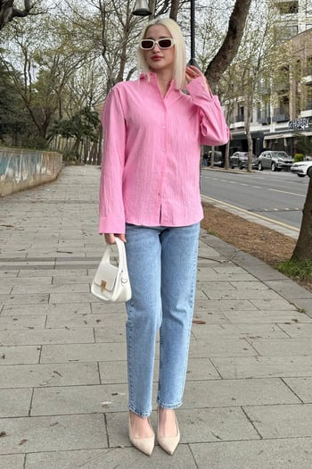 Pembe Kırışık Desen Kadın Gömlek MG2313