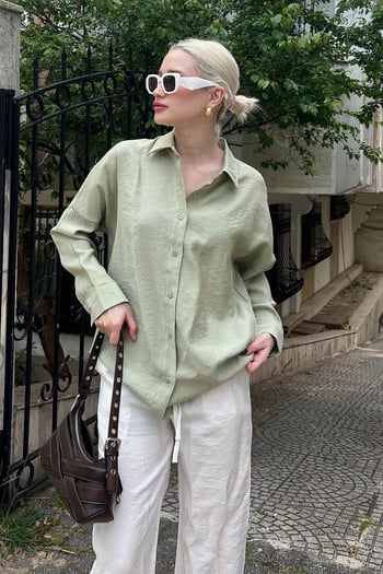 Mint Yeşili Uzun Kollu Oversize Gömlek MG2003
