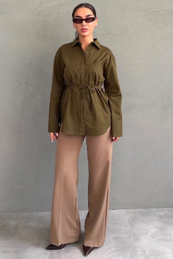 Haki Belden Bağlamalı Oversize Cepli Gömlek MG2798