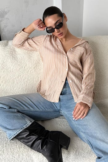 Bej Çizgili Cep Detaylı  Kadın Gömlek Mg2345