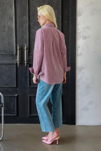 Bordo Çizgili Over Fit Gömlek MG1525