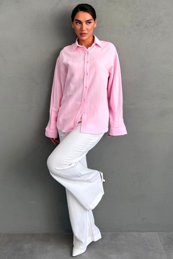Pembe Keten Kadın Gömlek MG2797