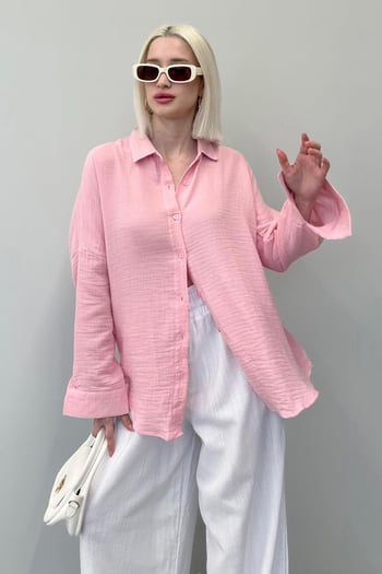Pembe Muslin Kumaş Basic Kadın Gömlek MG1660