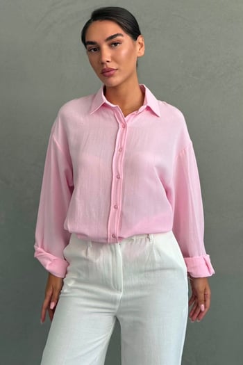 Pembe Keten Kadın Gömlek MG2797