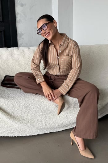 Camel Çizgili Cepli Kadın Gömlek Mg2345