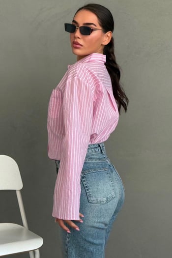 Pembe Çizgili Sendy Kumaş Kadın Gömlek MG2834