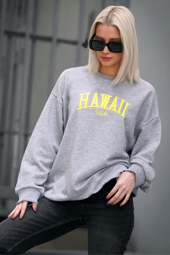 Gri Bisiklet Yaka Baskılı Sweatshirt MG1922