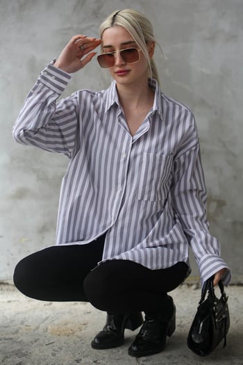 Gri Çizgili Oversize Kadın Gömlek MG1688