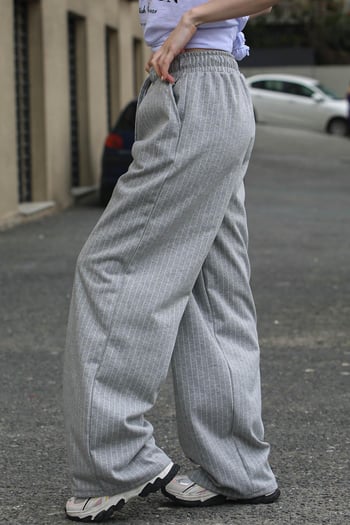 Gri Çizgili Oversize Kadın Pantolon MG1809