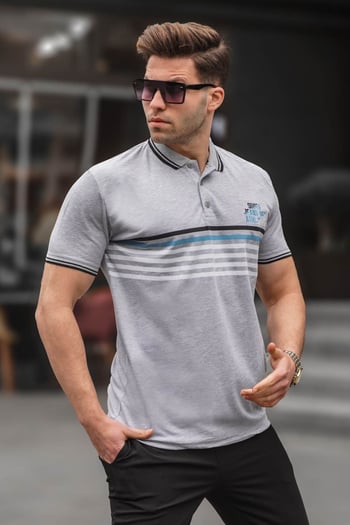 Gri Çizgili Polo Yaka Tişört 5869