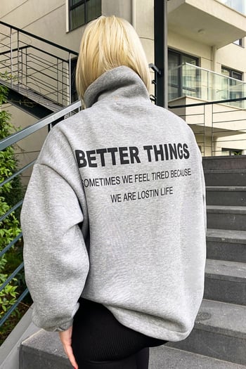 Gri Dik Yaka Fermuarlı Kadın Sweatshirt MG1935
