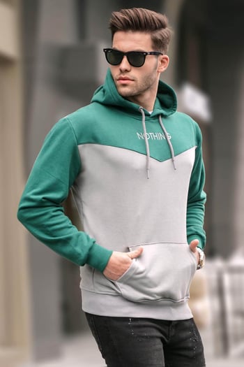 Gri Kapüşonlu Renk Bloklu Erkek Sweatshirt 6024