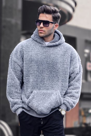 Gray Fur Hoodie Sweatshirt 6050