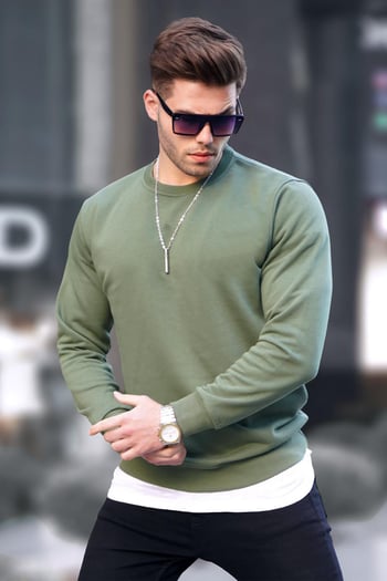 Haki Basic Bisiklet Yaka Erkek Sweatshirt 6047
