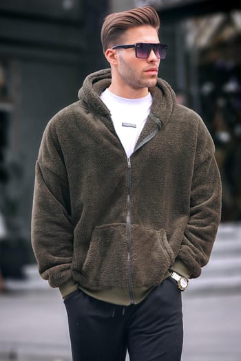 Haki Peluş Over Fit Kapüşonlu Fermuarlı Erkek Sweatshirt 6049