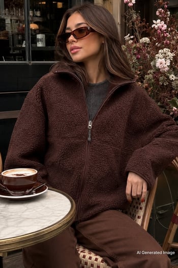 Kahverengi Fermuarlı Kapüşonlu Polar Kadın Ceket MG2569