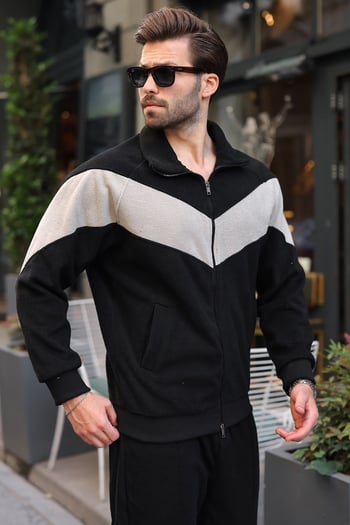Siyah Şerit Detaylı Regular Fit Erkek Polar Hırka E7191