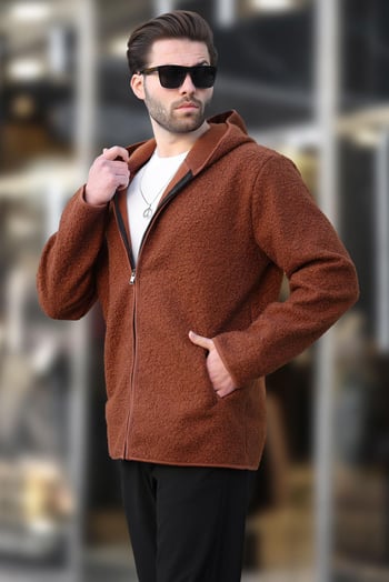 Kahverengi Fermuarlı Peluş Erkek Hırka E7080