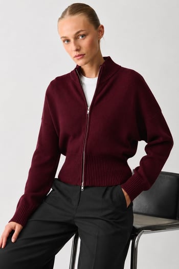 Bordo Çift Fermuarlı Dik Yaka Kadın Triko Hırka MG2505