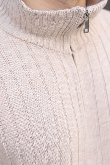 Taş Rengi Çift Fermuarlı Slim Fit Çizgili Erkek Triko Hırka E7522
