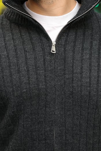 Antrasit Çift Fermuarlı Slim Fit Çizgili Erkek Triko Hırka E7522