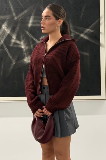 Bordo Çift Fermuarlı Kadın Triko Hırka Mg2532
