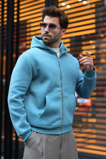 Soluk Mavi Şardonlu Kapüşonlu Erkek Sweat Hırka E7219