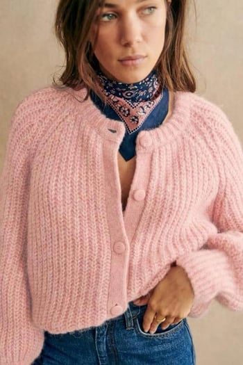 Pembe Bisiklet Yaka Selanik Örgü Düğmeli Kadın Hırka Mg2487