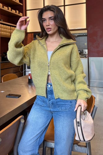 Yeşil Çift Fermuarlı Kadın Triko Hırka Mg2532