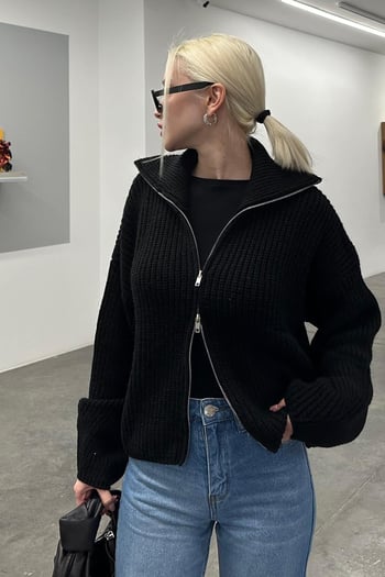 Siyah Çift Fermuarlı Triko Hırka MG2256