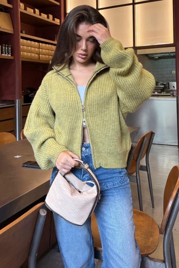 Yeşil Çift Fermuarlı Kadın Triko Hırka Mg2532