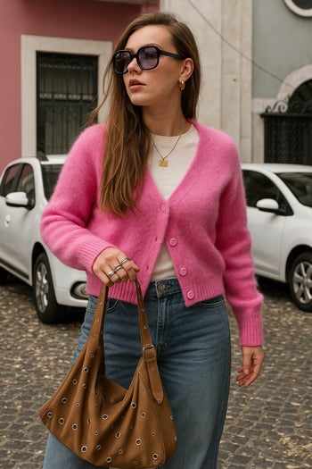 Pembe V Yaka Kadın Triko Hırka Mg2462