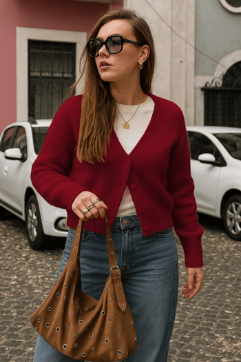 Bordo V Yaka Kadın Triko Hırka Mg2462