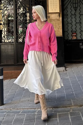 Pembe V Yaka Kadın Triko Hırka Mg2462