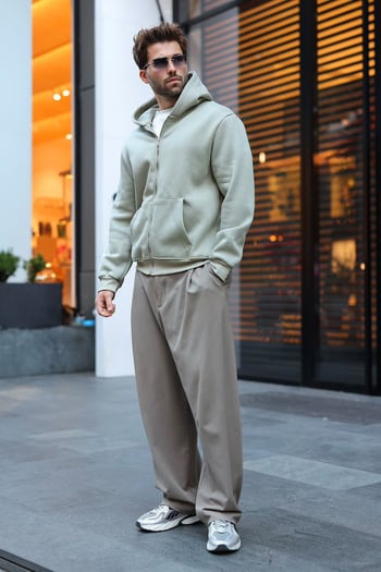 Mint Yeşili Şardonlu Kapüşonlu Erkek Sweat Hırka E7219