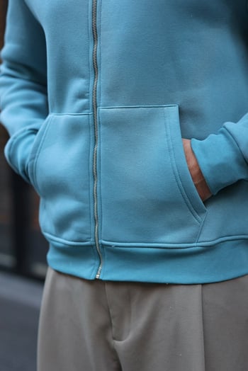 Soluk Mavi Şardonlu Kapüşonlu Erkek Sweat Hırka E7219