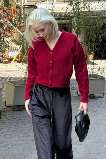 Bordo V Yaka Kadın Triko Hırka Mg2462
